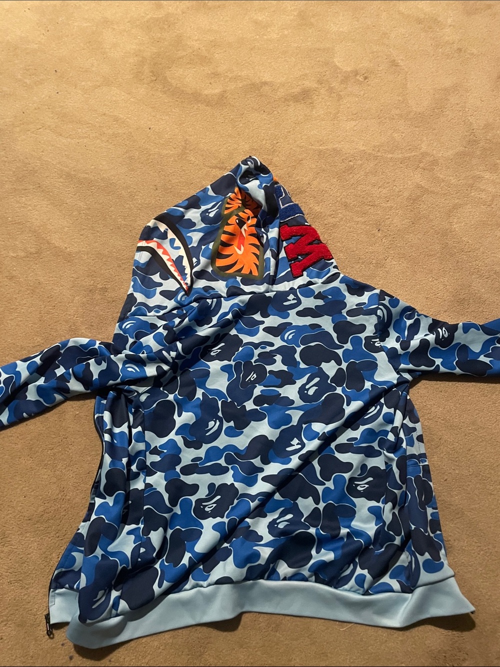 Authentic A bathing ape Blue Camo Shark Hoodie with Orange Accent. Youth Large
